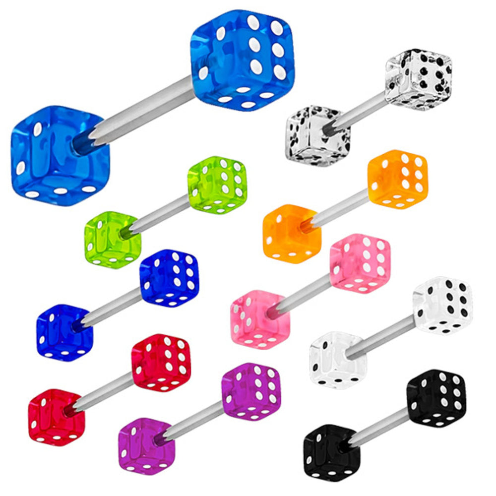 Surgical Steel Double Dice Tongue Barbell 14 Gauge 15mm - 9 Colors