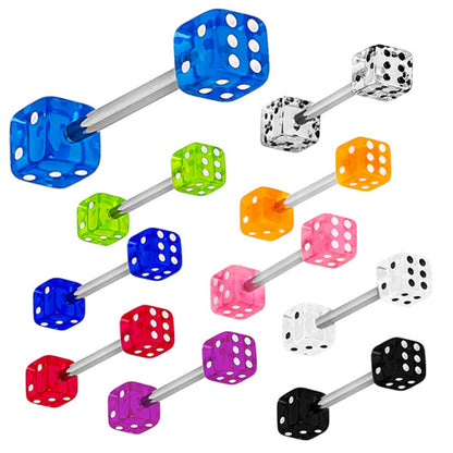 Surgical Steel Double Dice Tongue Barbell 14 Gauge 15mm - 9 Colors