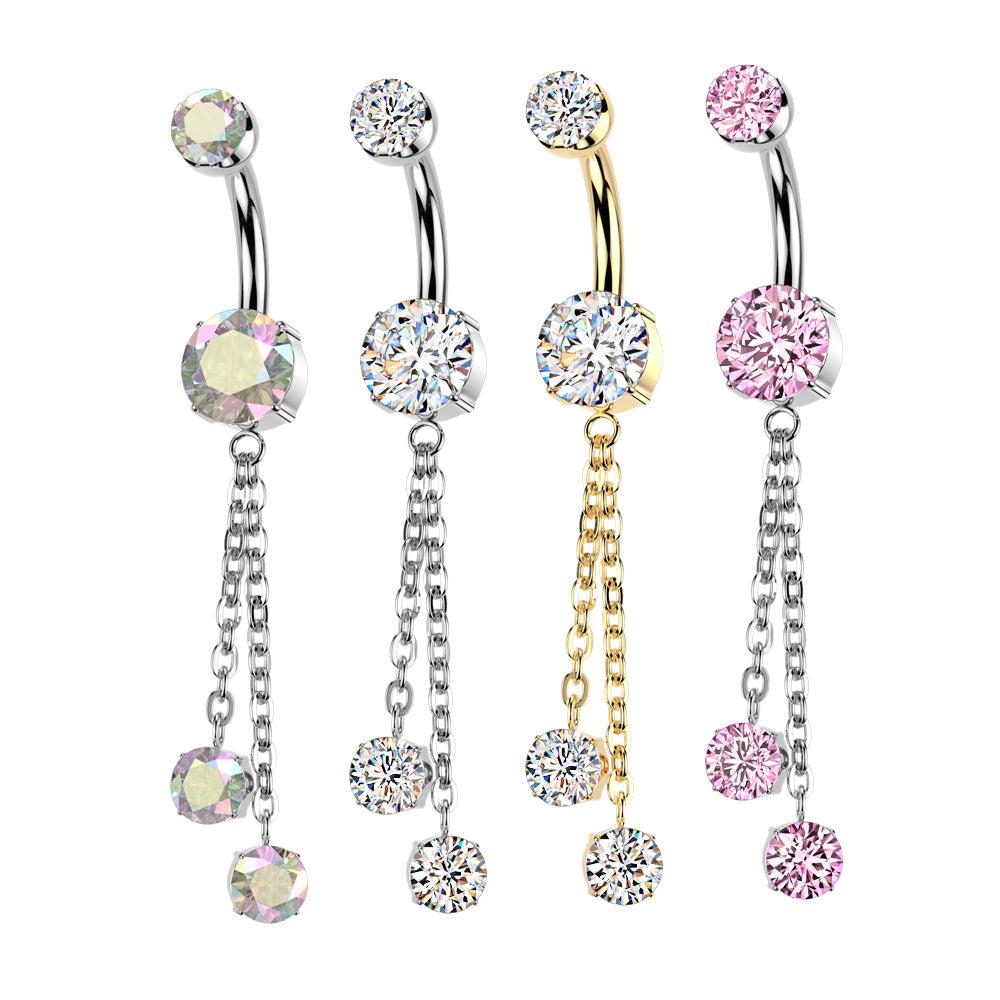 Titanium Belly Ring 14G 10mm with Double Chain Dangle CZ