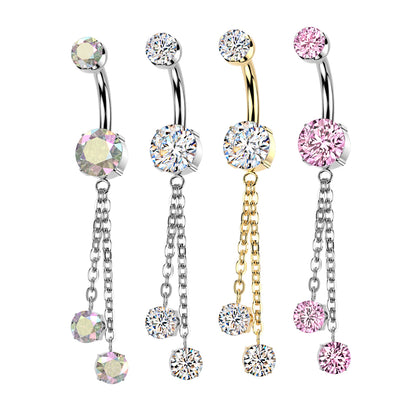 Titanium Belly Ring 14G 10mm with Double Chain Dangle CZ