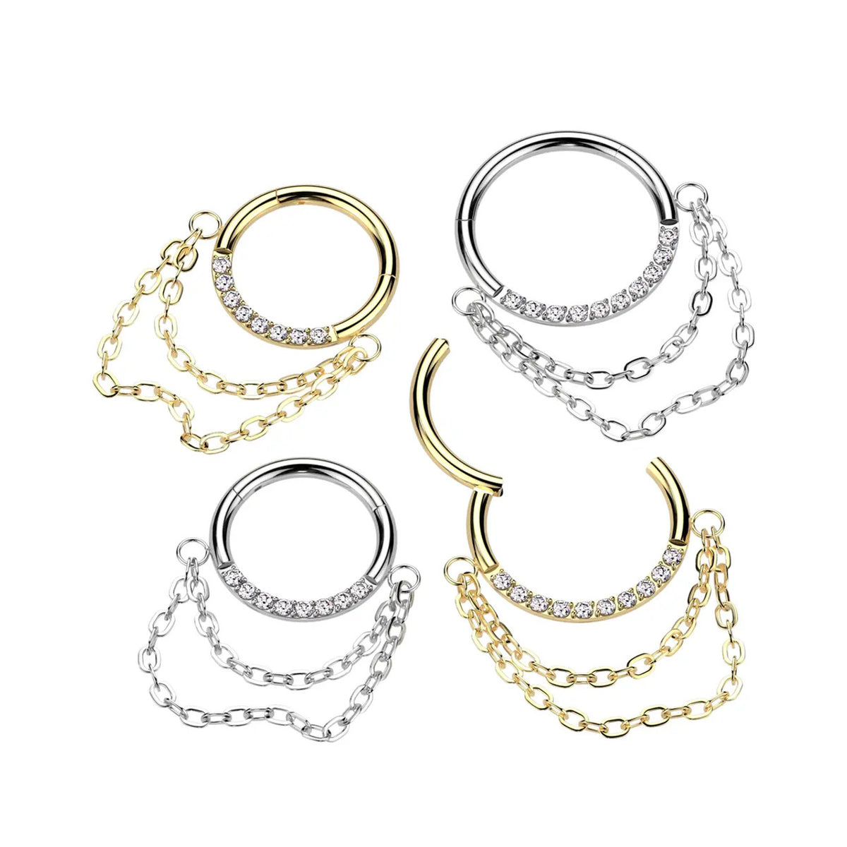 Titanium Hinged Segment Hoop Ring 16 Gauge CZ Gems & Chain Link Dangle - Kruelty