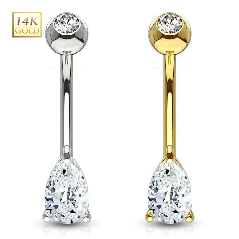 14K Solid Gold 14 Gauge Prong Set Teardrop CZ Belly Ring
