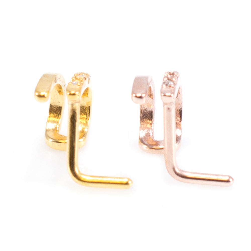 Surgical Steel 20 Gauge Double Faux Hoop L-Shape Nose Ring with CZ