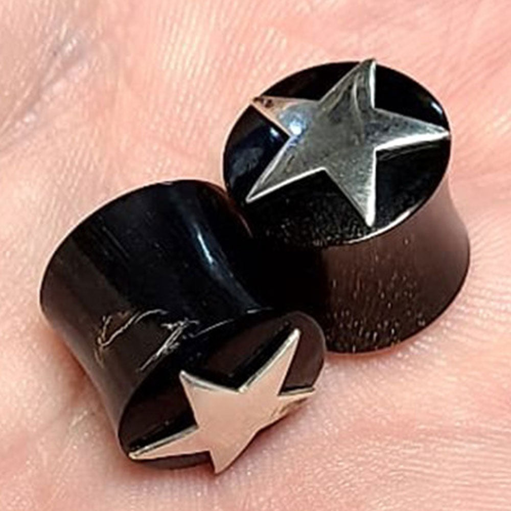 Black Organic Bone Double Flare Ear Plugs with Star 6G to 12mm - Pair - photo 3