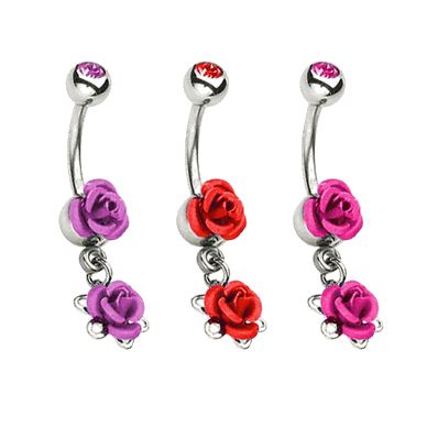 Surgical Steel 14 Gauge Belly Ring with Double Metal Dangle Rose