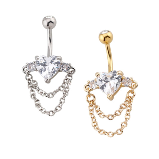 Surgical Steel 14 Gauge Belly Button Ring CZ Heart Chain with Rope