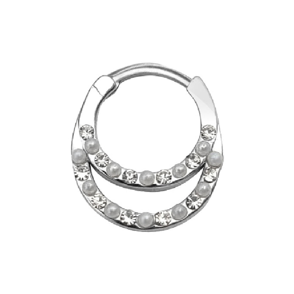 Surgical Steel 16 Gauge CZ Pearl Double Row Hinged Segment Ring