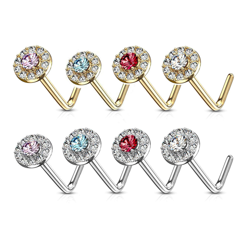 14K Solid Gold 20 Gauge L Shaped Nose Stud with Double Tier CZ
