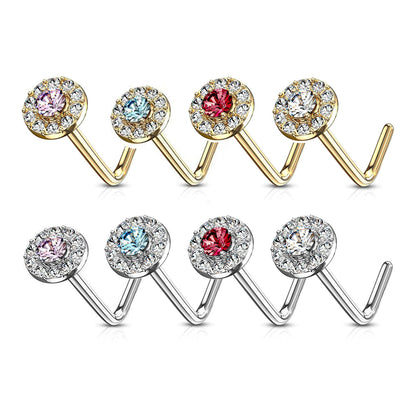 14K Solid Gold 20 Gauge L Shaped Nose Stud with Double Tier CZ