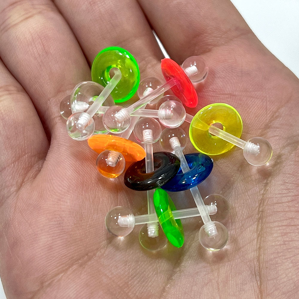 Bioflex 14 Gauge Clear Straight Barbells with Donuts - 8 Pack