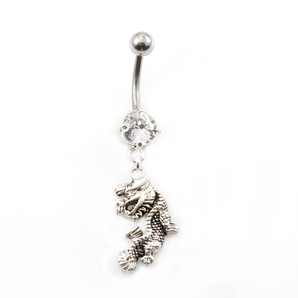 Surgical Steel 14 Gauge Belly Ring with Prong CZ Dragon