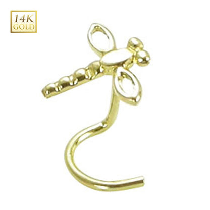 14K Solid Gold Dragonfly Corkscrew Nose Stud 20 Gauge