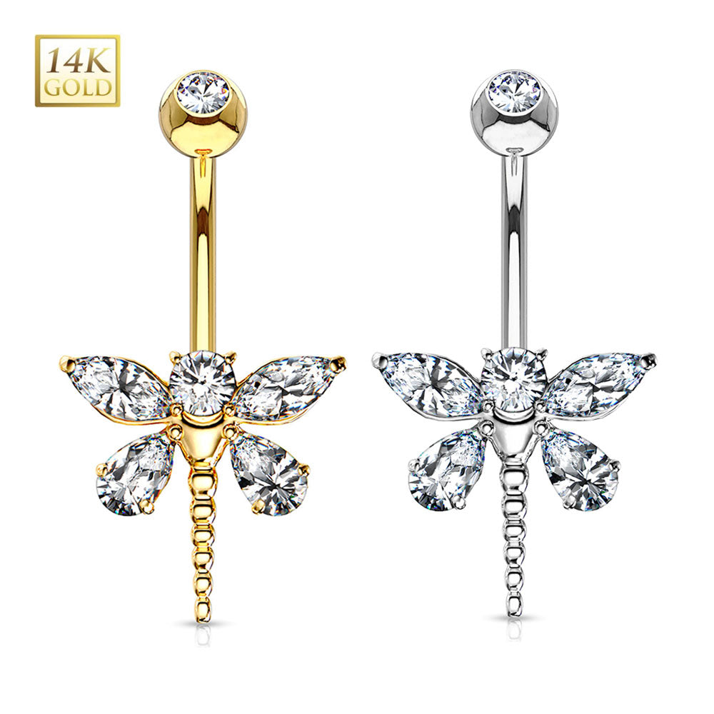 14K Solid Gold 14 Gauge Belly Ring Marquise Dragonfly CZ