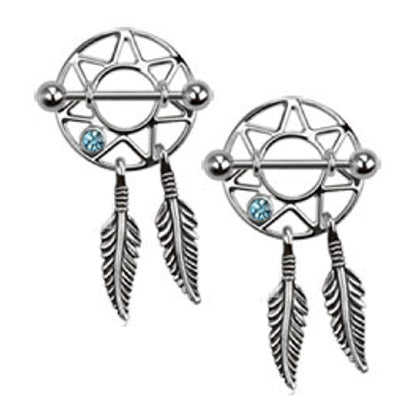 Surgical Steel 14 Gauge Nipple Shield Dream Catcher Dangle - Pair - photo 2