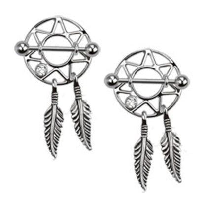 Surgical Steel 14 Gauge Nipple Shield Dream Catcher Dangle - Pair - photo 3