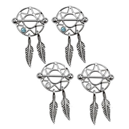Surgical Steel 14 Gauge Nipple Shield Dream Catcher Dangle - Pair