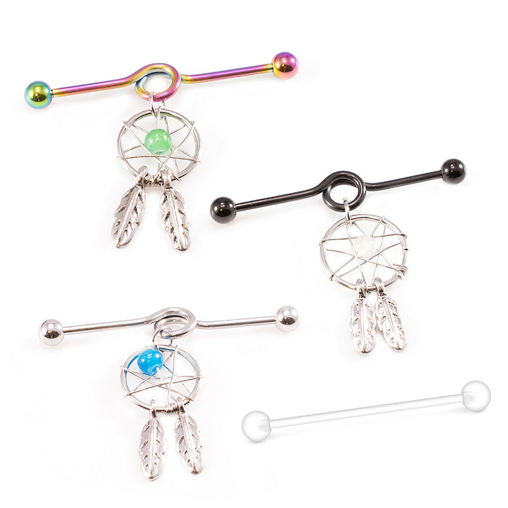 Surgical Steel 14 Gauge Dream Catcher Industrial Barbell with Retainer
