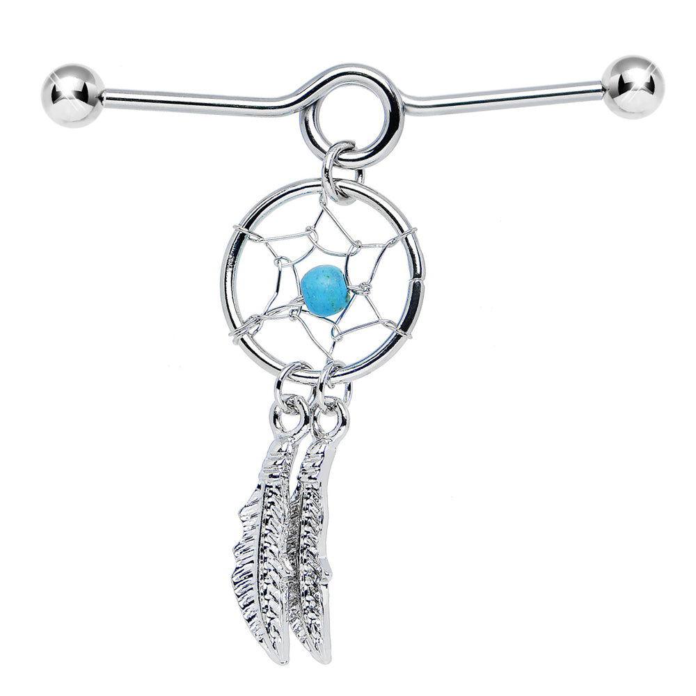 Surgical Steel 14 Gauge Industrial Barbell with Dangle Dream Catcher
