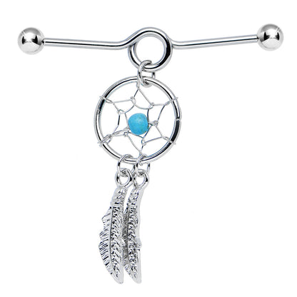 Surgical Steel 14 Gauge Industrial Barbell with Dangle Dream Catcher