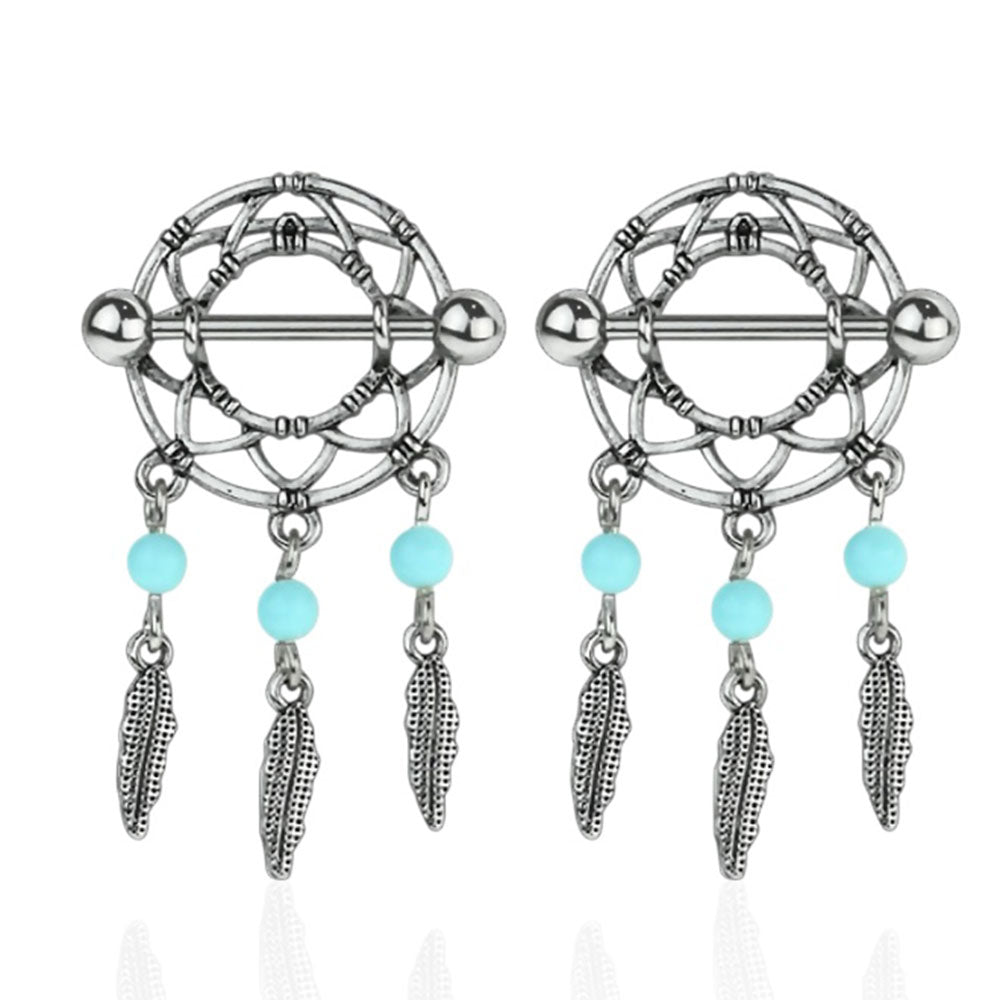 Surgical Steel 14 & 16 Gauge Dream Catcher Nipple Shield Rings - Pair