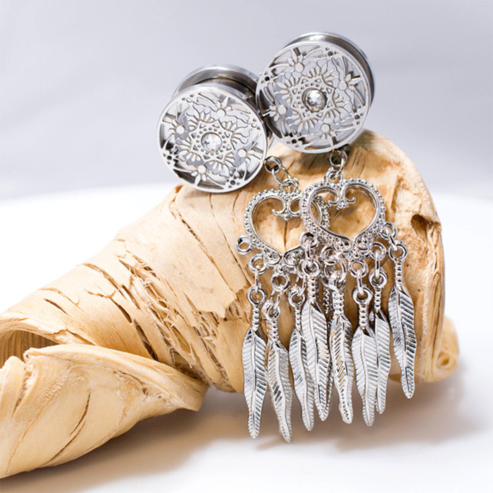 Surgical Steel Screw Fit Plugs with Dangle CZ Dream Catcher - Pair - photo 2