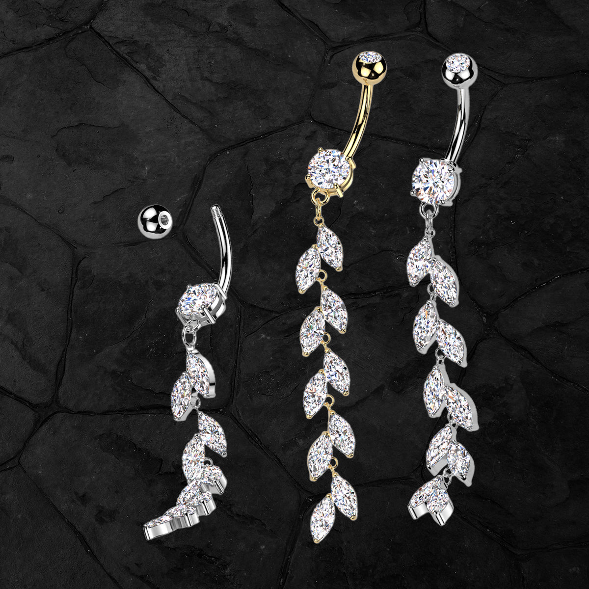 Surgical Steel Belly Ring 14G 10mm with CZ Marquise Petal Dangle - photo 5