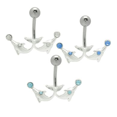 Surgical Steel 14 Gauge Navel Barbell with Duo Jeweled Dolphin