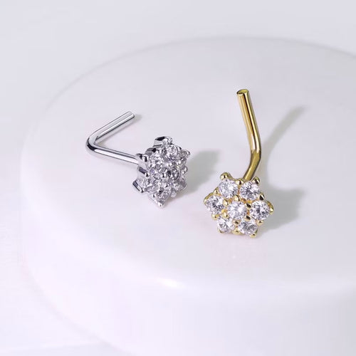 14 Karat Solid Gold Nose Ring Stud 20 18 Gauge 1/4" L Bend & CZ Flower - Kruelty - Photo 2