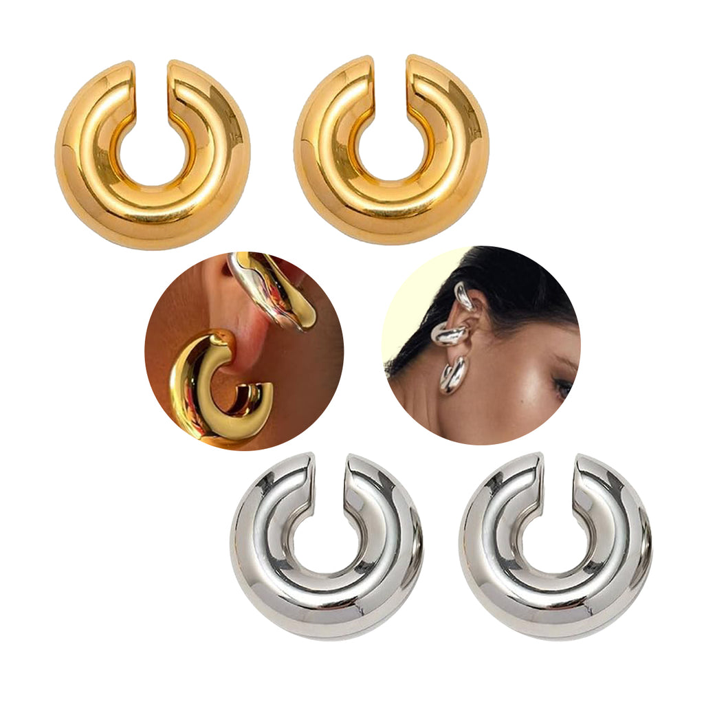 Surgical Steel Chunky Hollow Ear Cuff Gold & Silver 9.8mm - Pair