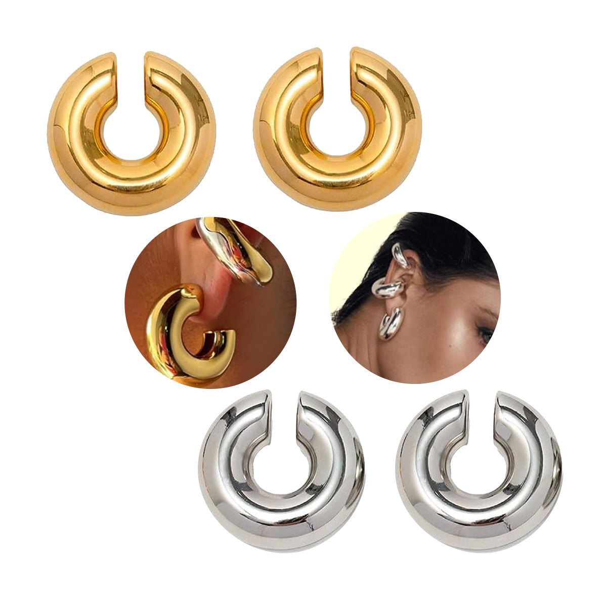 Surgical Steel Chunky Hollow Ear Cuff Gold & Silver 9.8mm - Pair