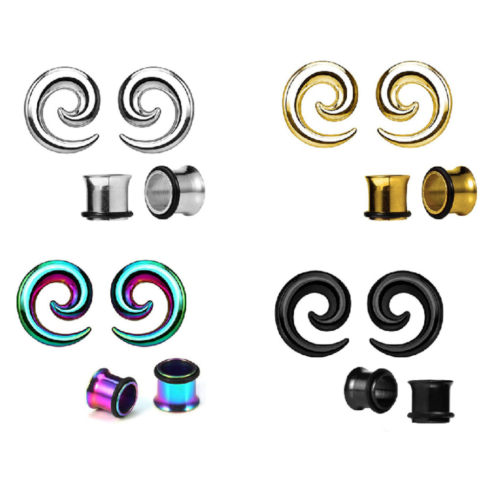 Surgical Steel 12 to 0 Gauge Spiral Taper Ear Tunnels - 2 Pairs