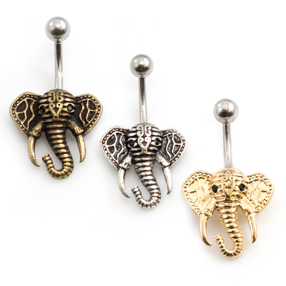 Surgical Steel 14 Gauge Belly Ring with Tribal Elephant Head