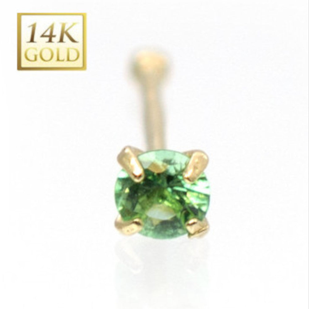 14K Solid Gold 22 Gauge Nose Bone Stud with Real Emerald