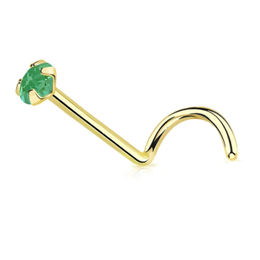 14 Karat Solid Gold 22 Gauge Nose Ring Screw with CZ Gem