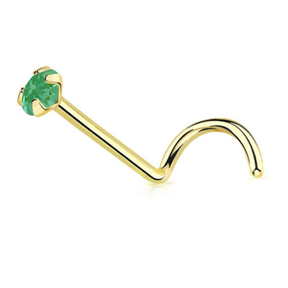 14 Karat Solid Gold 22 Gauge Nose Ring Screw with CZ Gem