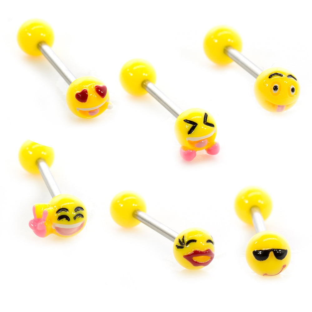 Surgical Steel 14 Gauge Tongue Barbell with Acrylic Emoji Balls
