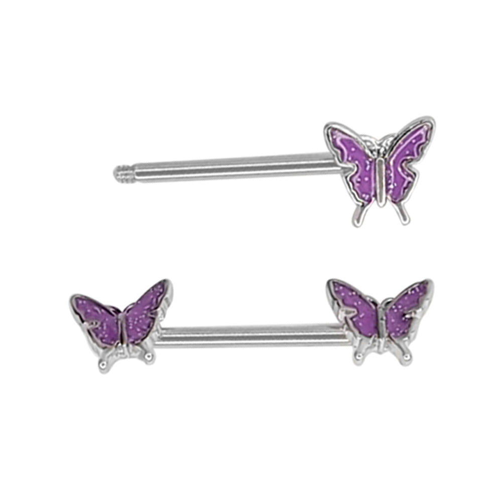 Surgical Steel 14 Gauge Nipple Barbell Purple Butterfly Enamel - Pair - photo 2