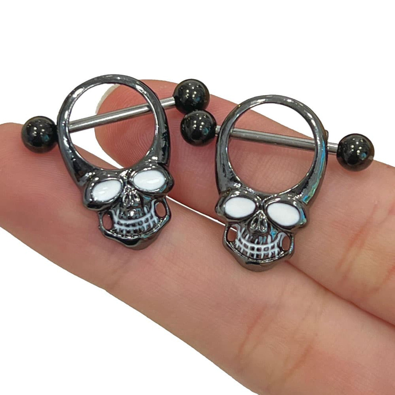 Surgical Steel Barbell Nipple Shield Ring 14 Gauge with Skull - Pair