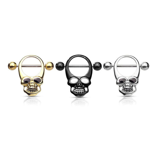 Surgical Steel Barbell Nipple Shield Ring 14 Gauge with Skull - Pair