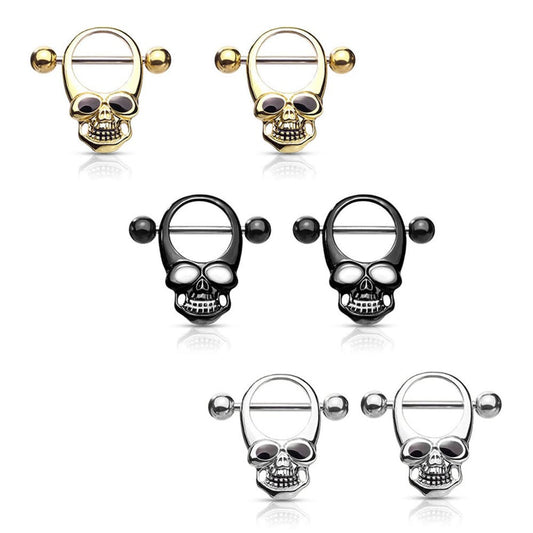 Surgical Steel Barbell Nipple Shield Ring 14 Gauge with Skull - Pair