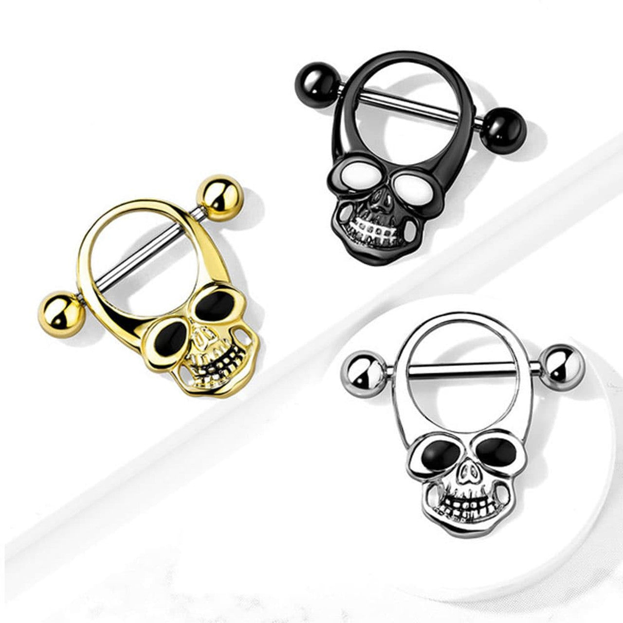 Surgical Steel Barbell Nipple Shield Ring 14 Gauge with Skull - Pair