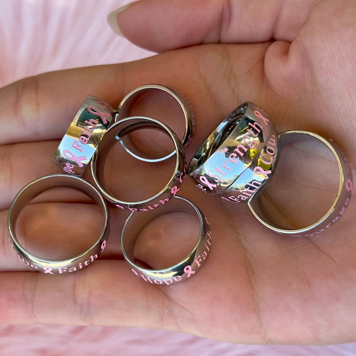 Surgical Steel Pink Awareness Dome Band Ring with Epoxy Letters - photo 2