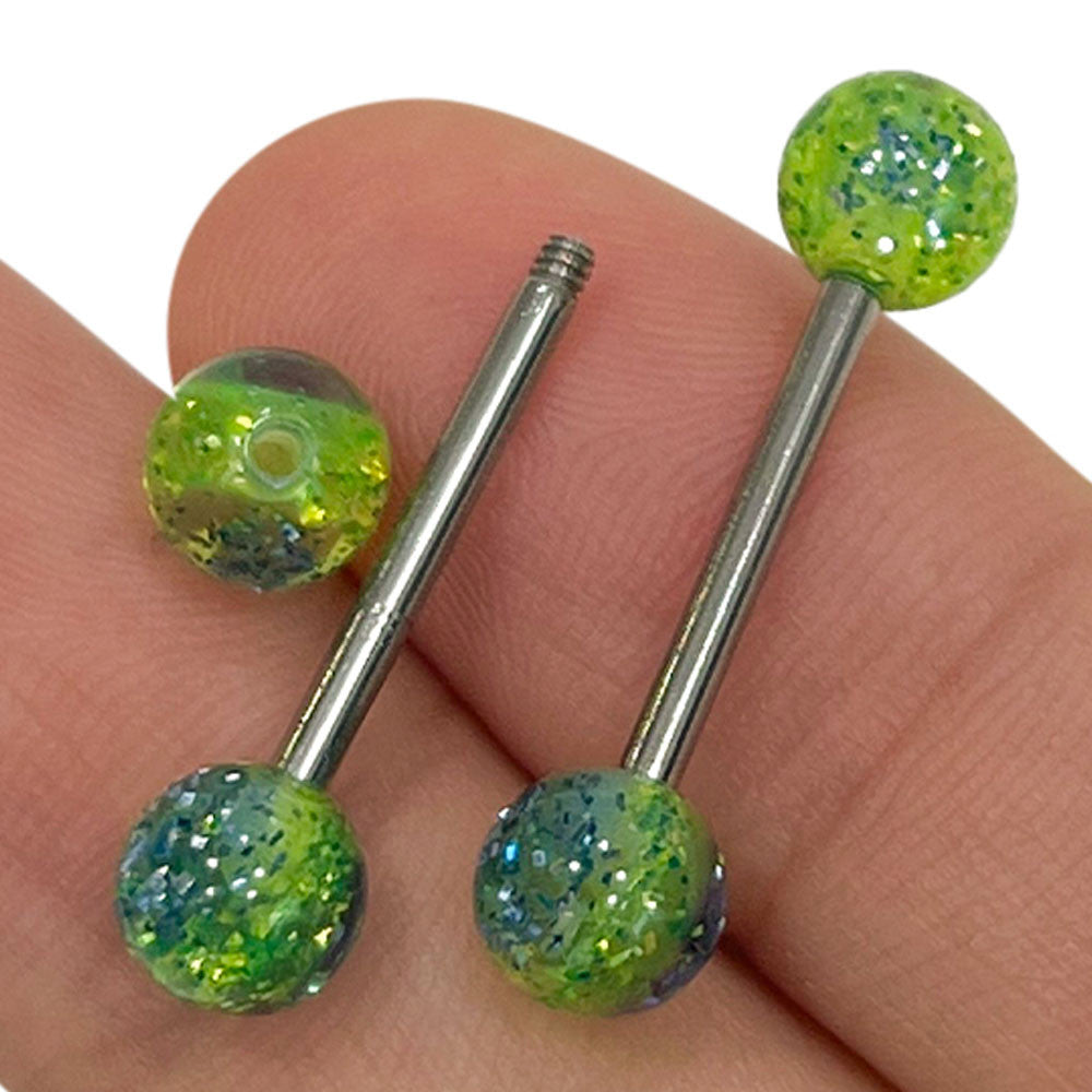 Surgical Steel Nipple Barbell 14G 14mm with Green Glitter Balls - Pair - photo 4