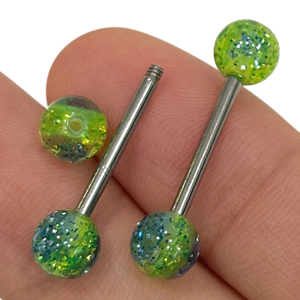 Titanium Nipple Barbell 14G 14mm with Green Glitter Balls - Pair - photo 3