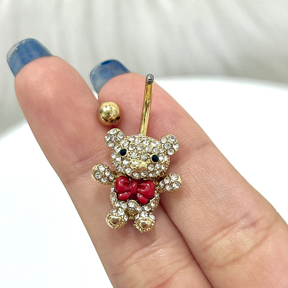 PVD Gold Surgical Steel 14 Gauge Belly Ring with Red Bow Teddy Bear - photo 2
