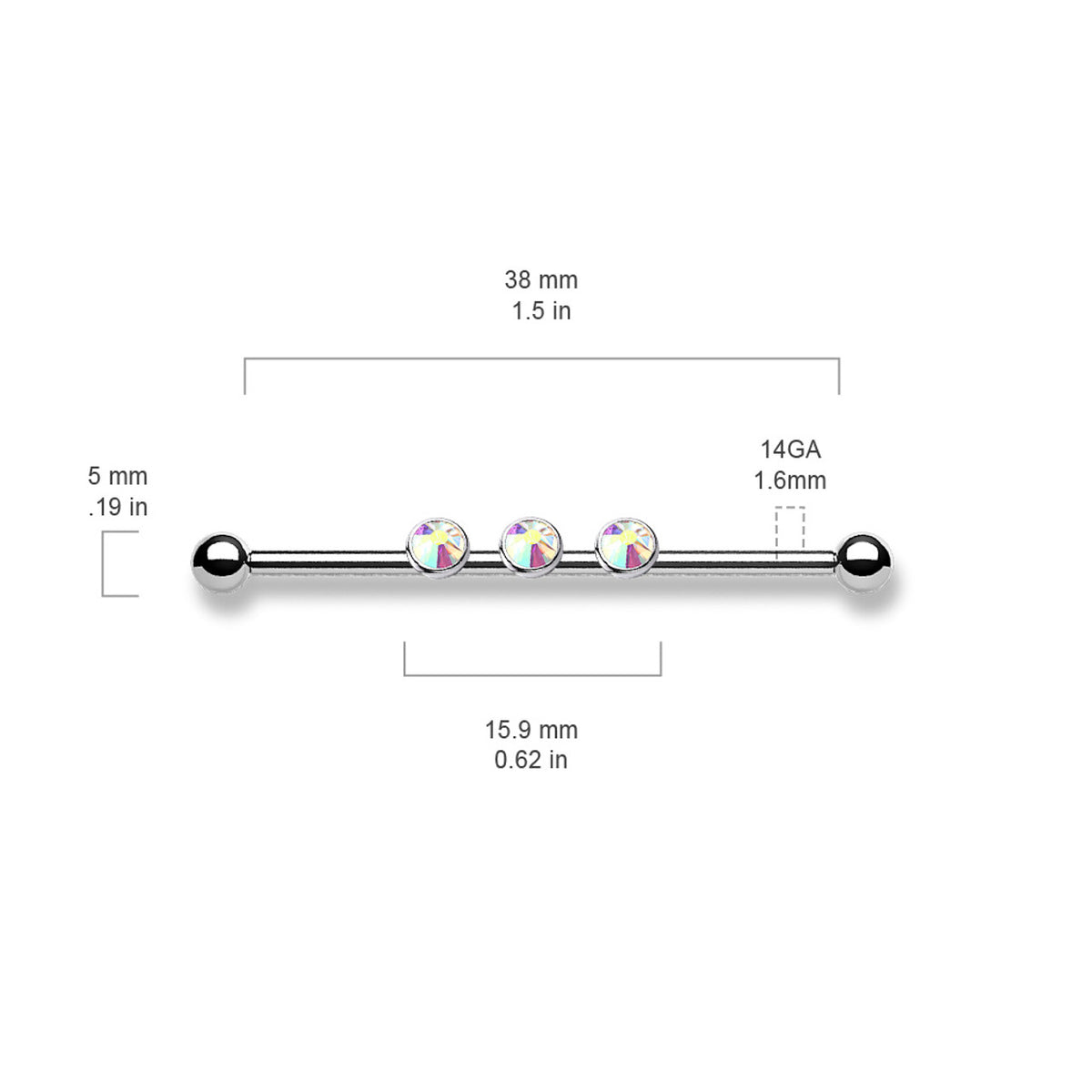 Surgical Steel 14 Gauge Triple Bezel CZ Industrial Barbell