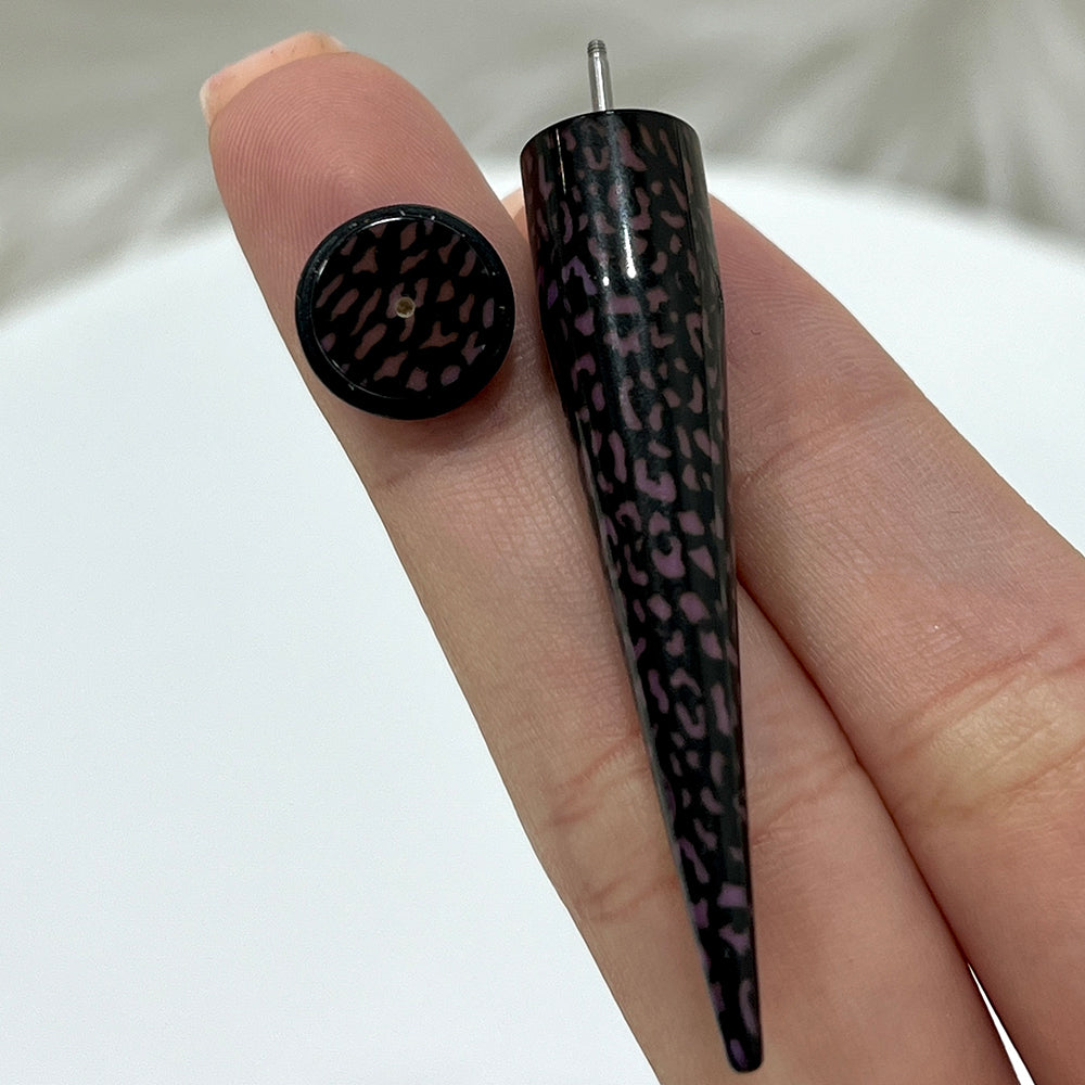 Acrylic 16 Gauge Fake Ear Tapers with Purple Black Leopard Skin - Pair - photo 3