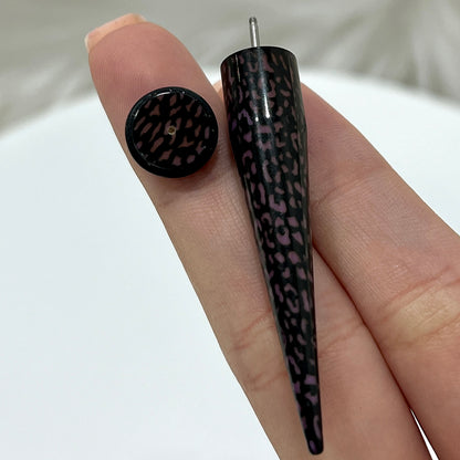 Acrylic 16 Gauge Fake Ear Tapers with Purple Black Leopard Skin - Pair - photo 3