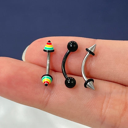 Surgical Steel 16 Gauge Curved Eyebrow with Spike Ball Ends - 3 Pcs