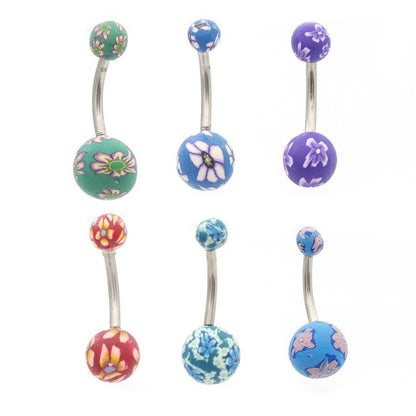 Surgical Steel 14 Gauge Belly Rings with Clay Flower Ball - 6 Pack - photo 3